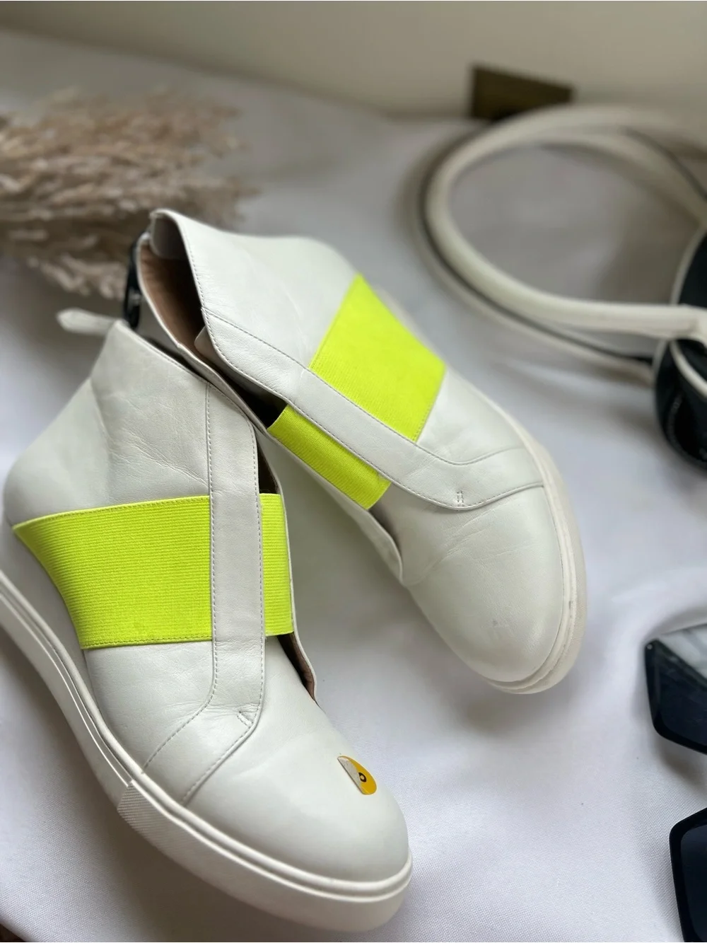 Paolo White Ankle Boots with Neon Yellow Elastic Band 8